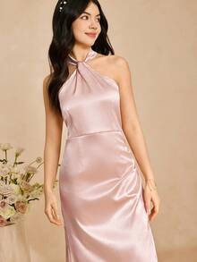 Satin Halter Neck Dress, Suitable For Teen GirlSpring/Summer, Wedding, Birthday Party. Sleeveless Long Dress, Polyester, Non-Stretch, Lightweight - Pink - View 7