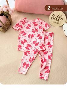 SHEIN Bộ đồ mặc nhà tay ngắn màu hồng dễ thương, kiểu dáng thường ngày cho bé gái, có nơ trang trí. - Hồng - Xem 2