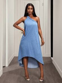 Slaydiva 女士休闲不对称下摆无袖牛仔连衣裙 - 藍色 - 查看 4