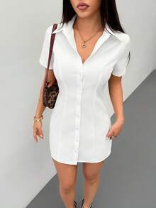 SHEIN PETITE 女士休闲日常办公通勤纯色短袖修身衬衫裙 白色衬衫裙 - 白色 - 查看 8