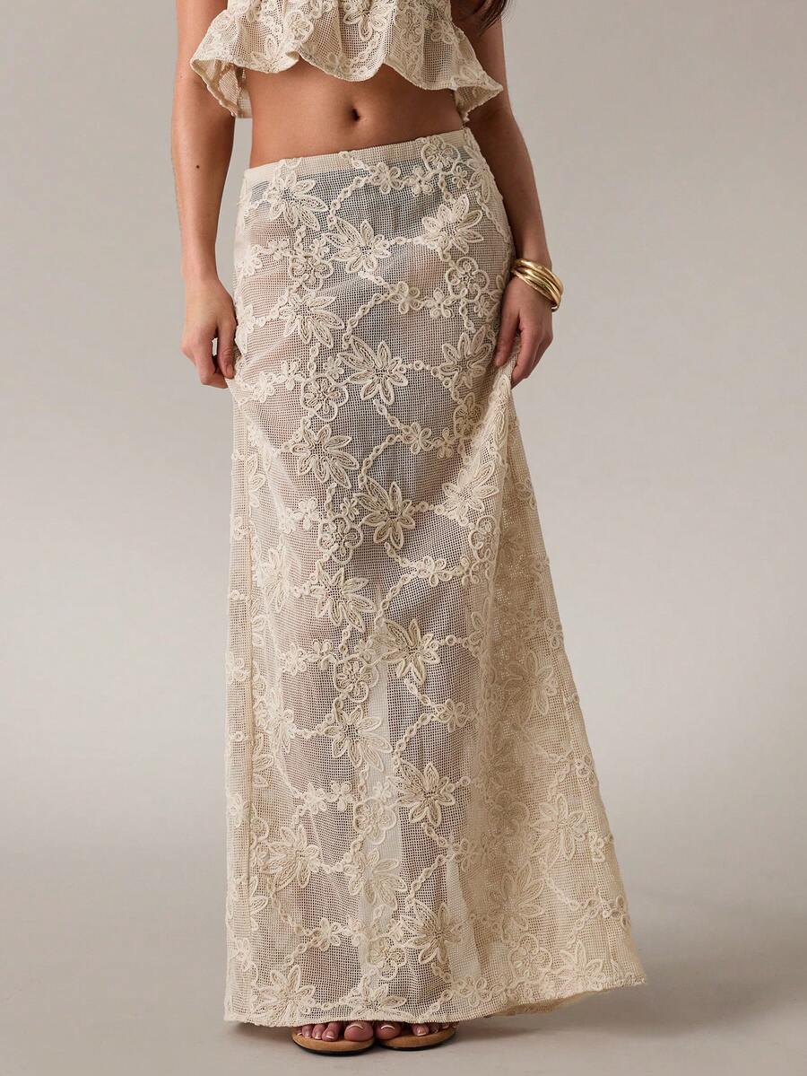 SHEIN BAE 杏色纹理钩编网纱提花半身裙，薄纱长裙，优雅半身裙，度假沙滩裙，夏季 - 杏色 - 查看 1