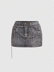 ROMWE Grunge Punk Plus Size Y2K Baddie Leopard Print Metallic Rhinestone Chain Mini Denim Skirt - Light Grey - View 1
