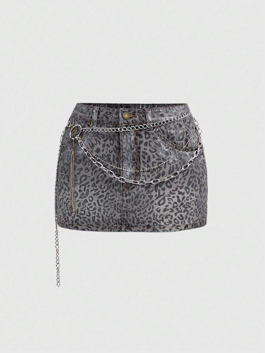 ROMWE Grunge Punk Plus Size Y2K Baddie Leopard Print Metallic Rhinestone Chain Mini Denim Skirt - Light Grey - View 1