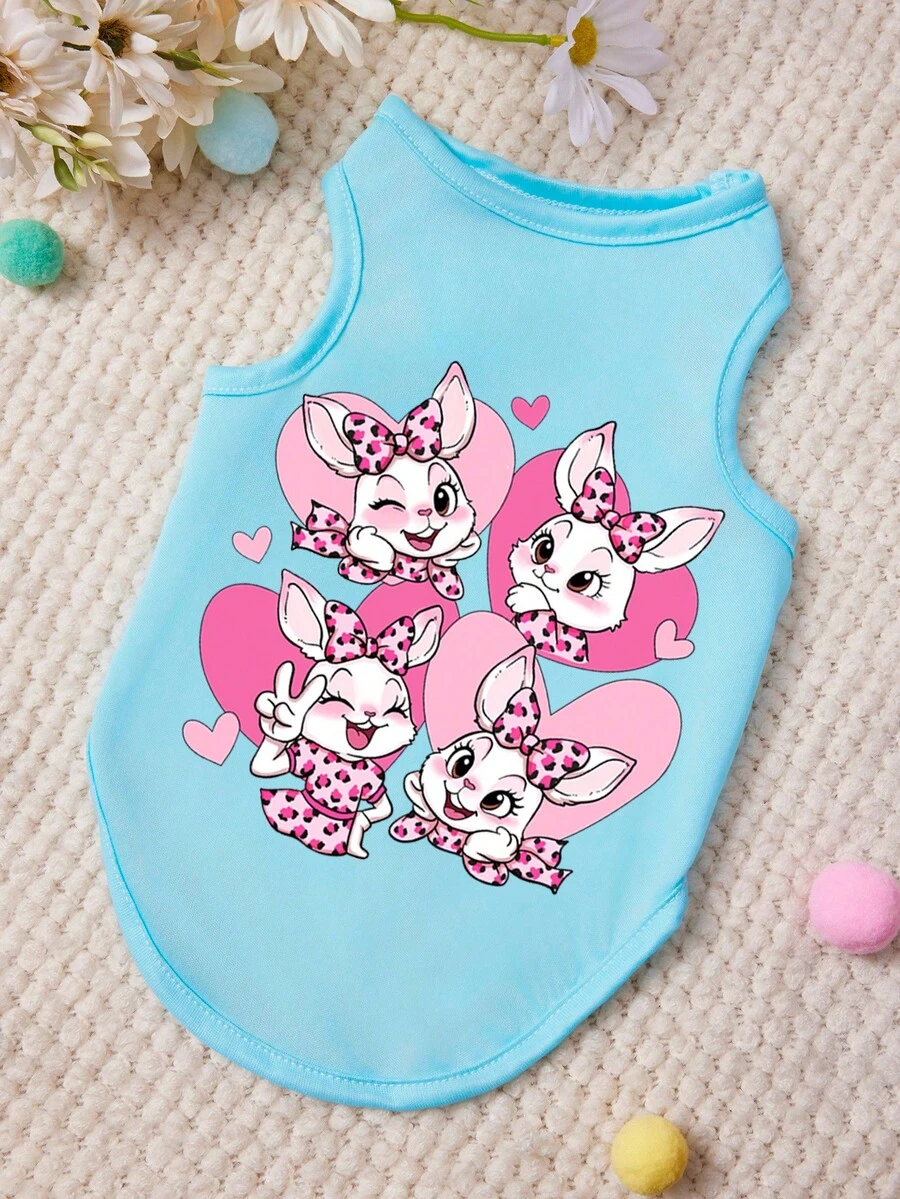 PETSIN 1pc Cute Pink Cheek Rabbit Love Printed Pet Tank Top Blue Casual Style Pet Clothes - Blue - View 1