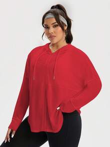 Rhythm Era Plus Size Solid Color Drop Shoulder Long Sleeve Curved Hem Drawstring Hoodie Casual Sports Jacket - Red - View 3
