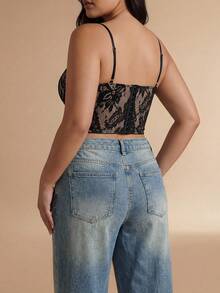 SHEIN Tall CURVE Atasan Camisole Renda Seksi Wanita Ukuran Besar, Musim Panas, Atasan Musim Panas - Hitam - View 2