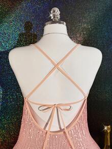 1pc Midnight Glam/Pink Sequin Spaghetti Strap Bodycon Sexy Nightgown For Women - Dusty Pink - View 4