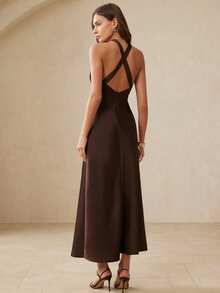 Aveloria Rosie Spring New Arrival Asymmetric Metal Buckle Sleeveless Halter Waist Fitted Mermaid Hem Dress - Coffee Brown - View 2