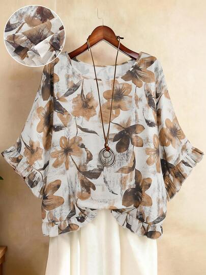 GlowEve CURVE Plus Size Women's Printed Shirt, Frill Trim On Cuffs And Hem, Loose Straight Silhouette, Distressed Print