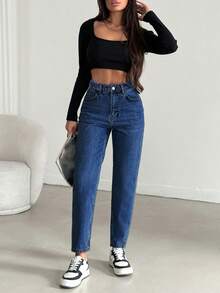 SHEIN High Rise Mom Fit Denim Woman Casual Style Plus Size Zipper Front Jean - Medium Wash - View 3