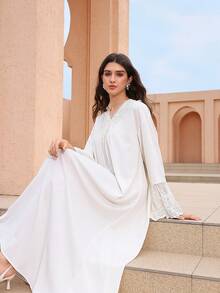 Graceveil Vestido de estilo árabe para mujer con cuello en V, recorte de encaje, parches y mangas largas acampanadas - Albaricoque - Ver 7