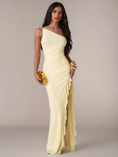 SHEIN BAE Women's Casual Shoulder Strap Beaded Decor Ruched Waist Slit Ruffle Hem Dress, Suitable For Beach Vacation, Beach Party, Girls' Night Out, Cocktail Party, Brunch, Birthday Party, Wedding, Yellow Dress, Sexy Yellow Dress