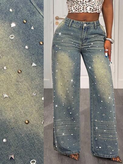 Slaydiva Plus Size Women's Jeans High Waist Faux Pearl Pocket Wide Leg Loose Fit Fashion Jeans Retro Washed Jeans Fashion Street Style Y2K Summer Summer For Women Carnival Costume Beach For Women Vacations For Women