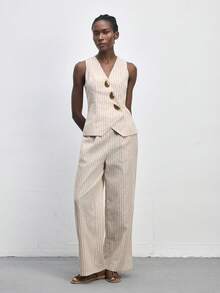 Maija Women's Fashionable Striped Metal Buckle Sleeveless Blazer, Summer - Khaki - View 5