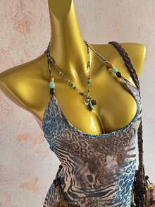 Flirla Body de cuello en U sin espalda con decoración de cuentas ámbar con estampado de leopardo para mujer, conjunto de fiesta vintage sexy para primavera/verano, uso casual y de calle - Multicolor - Ver 6