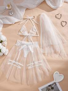 5件套性感白色蕾丝镂空内衣套装 - 白色 - 查看 2