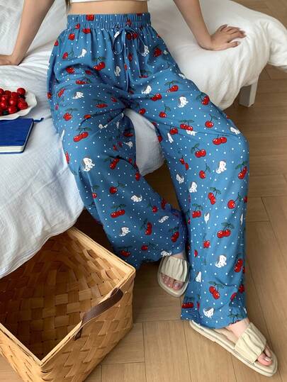 DAZY Cherry Puppy Print Loose Straight Leg Long Pajama Pants For Women