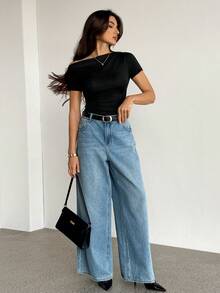 SHEIN Tall 3件套女士休闲纯色不对称领口褶皱T恤，黑色+棕色+白色，夏季 - 彩色 - 查看 7