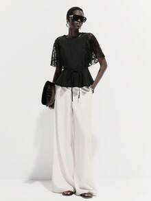 SHEIN Luminelle Women's Round Neck Lace Patchwork Flare Sleeve Cropped Ruffle Hem Blouse - Black - View 7