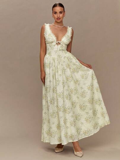 Enchnt Spring/Summer Romantic Women Yellow Floral Print Hollow Out Embroidery Lace Stitching Sleeveless Maxi Dress,Sweet&Elegant For Birthday&Holiday Party&Sweet Date Night&Daily Commuting&Vacation&Afternoon Tea&Garden Parties,Summer Outfits For Women,Sun Dresses For Women