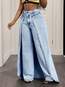 Slaydiva Fashionable Casual Women Wide Leg Denim Jeans - Blue - View 8