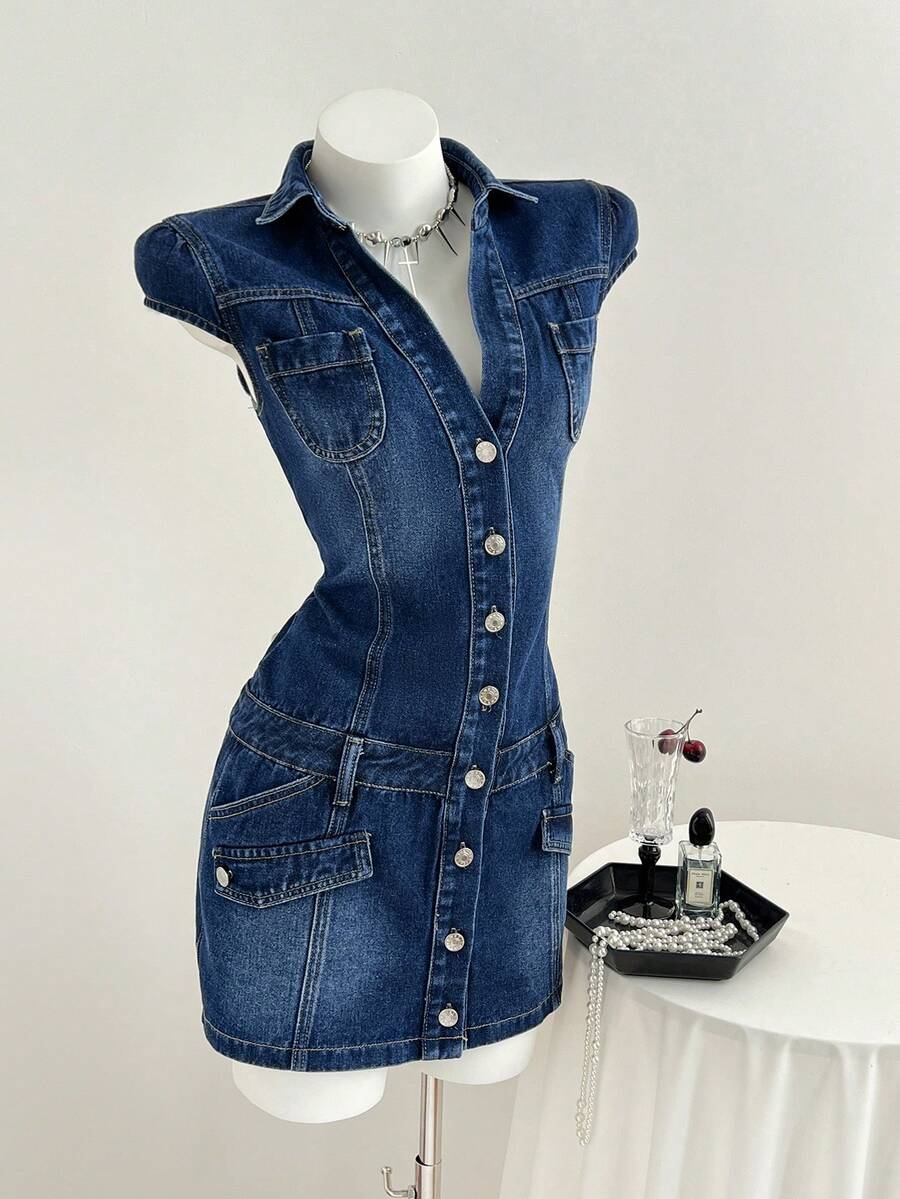 Elamini 女士翻领单排扣修身约会派对牛仔连衣裙 - 深色水洗藍 - 查看 1