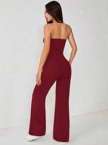 SHEIN PETITE 女士纯色简约日常无肩带喇叭连体裤 - 酒紅色 - 查看 3