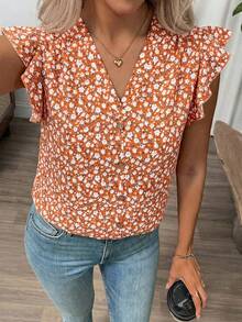 SHEIN Clasi Women's Minimalist Floral Ruffle Hem Short Sleeve Top,Summer Top - Orange - View 4