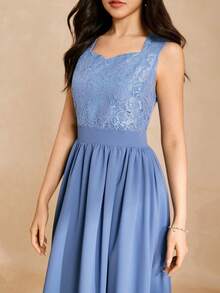 SHEIN 少女撞色蕾丝方领无袖优雅派对连衣裙 - 水鴨藍 - 查看 7