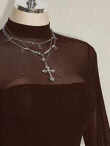 SHEIN ICON 大码 Y2K 性感网纱拼接连体衣 - 棕色 - 查看 5