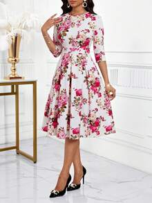 SHEIN Lady 女士印花圆领中长连衣裙 - 彩色 - 查看 3