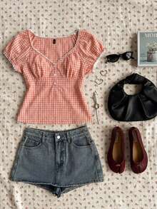 CovetEZ Áo sơ mi nữ tay ngắn kẻ caro bèo nhún, kiểu dáng thường ngày, đa năng. - Đỏ và trắng - Xem 4