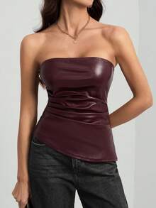 SHEIN Tall 纯色褶皱时尚夏季修身抹胸上衣 - 中紫紅色 - 查看 4