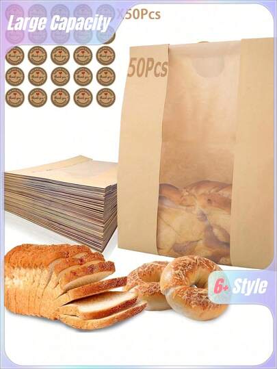 100pcs Large Capacity Bread Bag (50 Bread Bags + 50 Stickers), Transparent Window Bread Toast Bag For Homemade Bread, Perfect For Wrapping And Storing Bakery Products (Available In A Small Pack Of 10) School Supplies Food Bag Food Box Suitable For Candy Chocolate Cookies Etc.