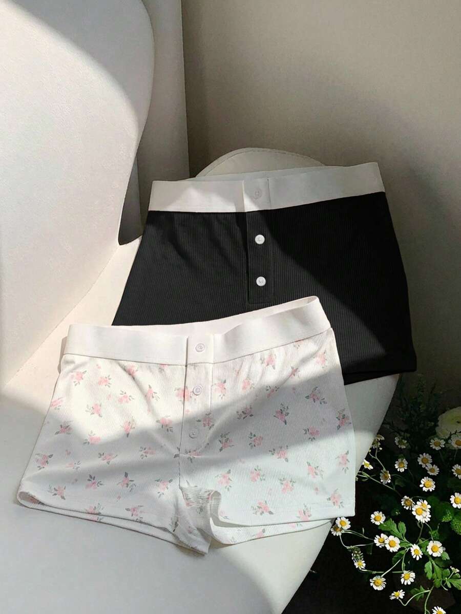 Comfortcana 2件套夏季前扣印花休闲短裤 - 黑色 - 查看 1