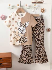 一套女童可爱兔耳豹纹圆领短袖T恤和豹纹打底裤套装，豹纹T恤套装，卡通兔子印花服装 - 杏色 - 查看 1