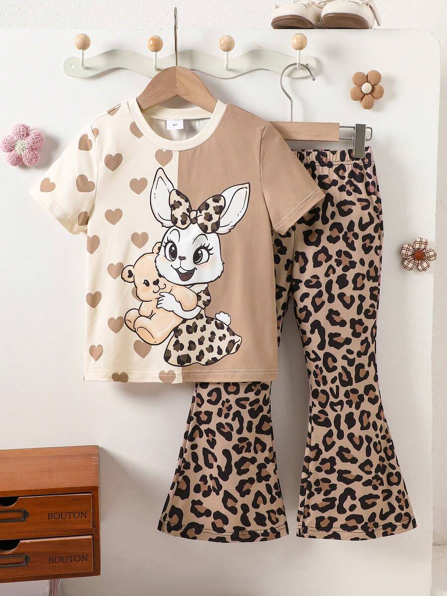 一套女童可爱兔耳豹纹圆领短袖T恤和豹纹打底裤套装，豹纹T恤套装，卡通兔子印花服装 - 杏色 - 查看 1