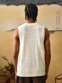 ROMWE MEN Street Life Men's V-Neck Minimalist Premium Knit Sweater Vest - Beige - View 3