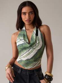 SHEIN BAE Women's Sexy Striped Halter Backless Camisole Top For Summer - Olive Green - View 6