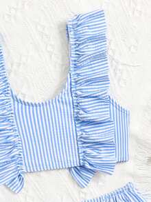 SHEIN Young Girl Striped Print Ruffle Trim Bikini Set, Random Print - Blue - View 4