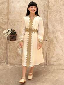 Dazy Kids Tween Girl Applique Decor V-Neck Long Sleeve Elegant Dress - White - View 6