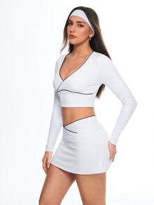 Eassivo Eassivo Women's Contrast Trim Criss-Cross Wrap Front Long Sleeve Fitted Breathable Sports Set - White - View 5