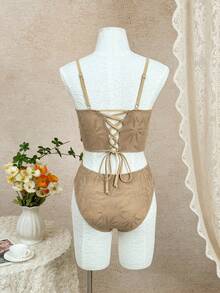 Bellisia Textured Fabric Pleated Beaded Camisole Bikini Set, Sexy High Waist Triangle Bikini Camisole Two Pieces Swimwear - Coffee Brown - View 2