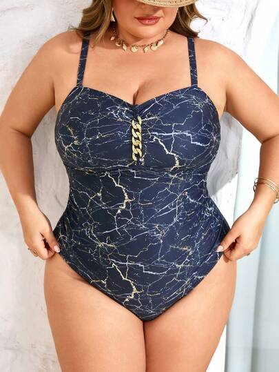 SHEIN CURVE+ 夏季沙滩加大码印花连体泳衣，带链条装饰，度假装，女士沙滩装，加大码泳衣，女士连体泳衣套装，泳装，显瘦泳衣