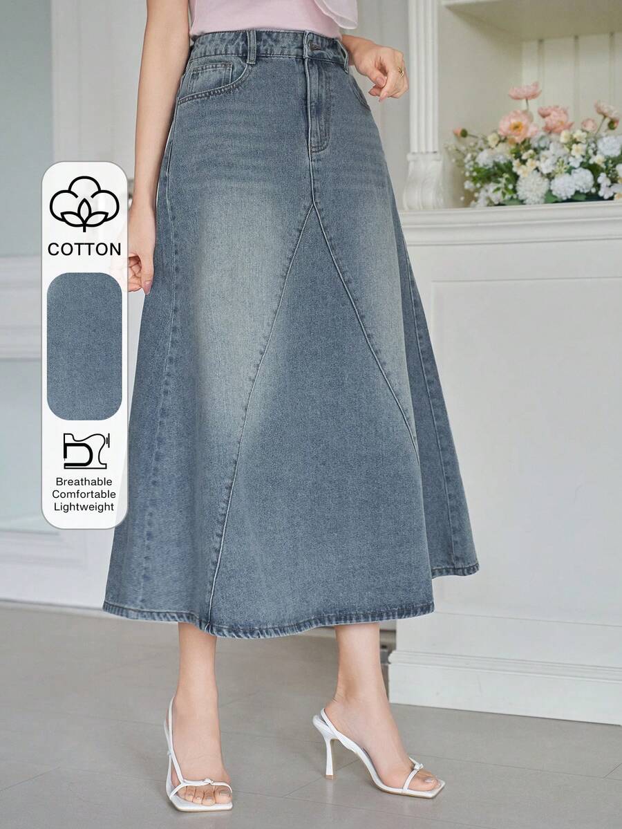 DAZY Women's Casual Washed Pocket A-Line Denim Mini Skirt, Spring/Summer - Medium Wash - View 1