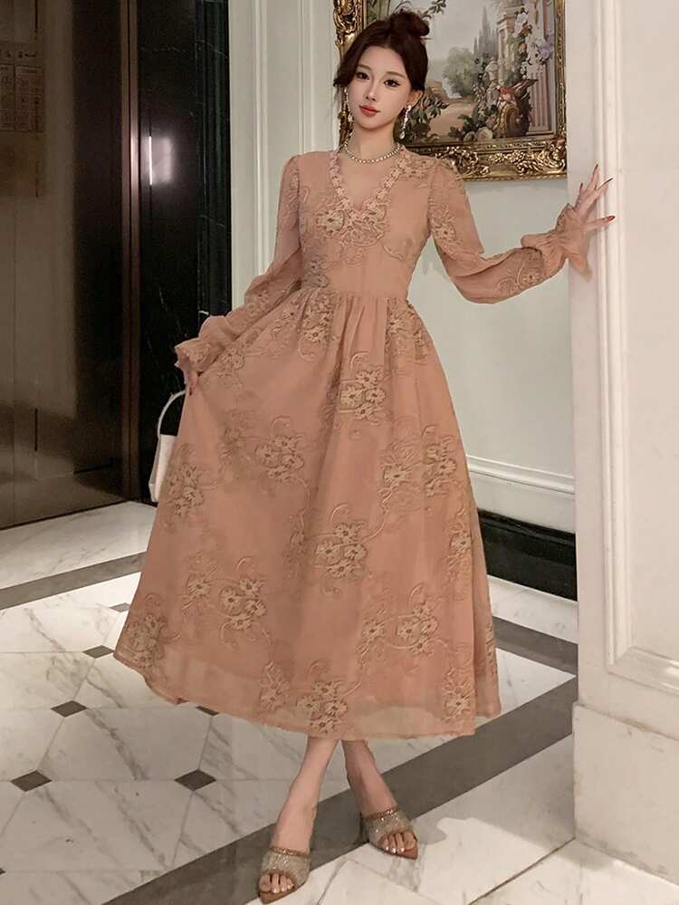Women's Elegant Lace Patchwork Floral V-Neck Mid-Length Dress, Spring/Summer Sundress