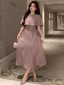 DAZY 女士优雅纯色水钻装饰中长连衣裙 夏季婚礼宾客礼服 女士吊带裙 - 紫色 - 查看 5