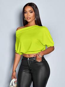SOLERSUN Women's Solid Asymmetrical Neck Ruched Shoulder Tee - Mint Green - View 3