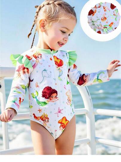 Baby Girl Cartoon Mermaid Print Patchwork Ruffle Trim Zipper Front One-Piece Swimsuit