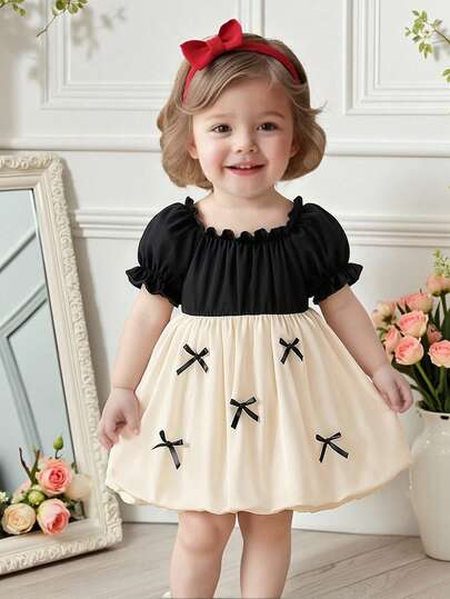 Summer Dress For Baby Girls, Casual Elegant Fashion Petal Sleeve Square Collar Waist Dress With Bow Decor, Lantern Skirt, Suitable For Holidays, Parties, Vacations And More, Summer